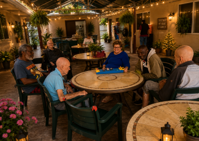 Male ALF residents and staff enjoying outdoor social activities and board games under a covered patio at Paradise Manor, a Florida assisted living facility