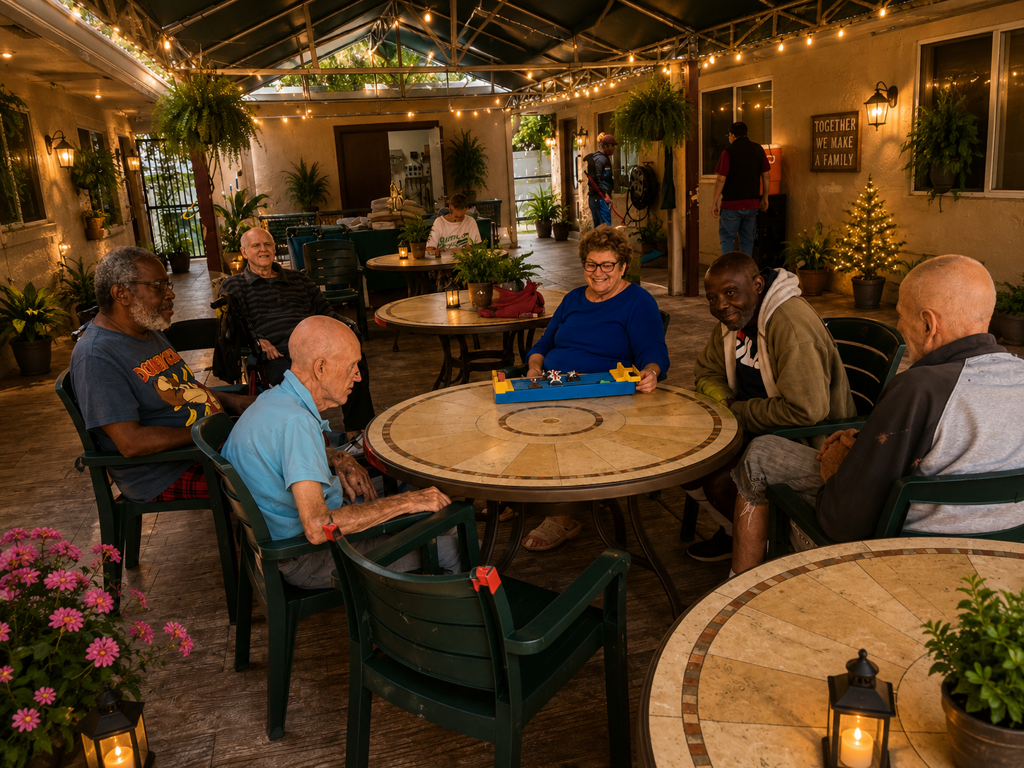 Male ALF residents and staff enjoying outdoor social activities and board games under a covered patio at Paradise Manor, a Florida assisted living facility
